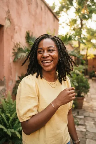 A woman laughing beside a warm-toned courtyard wall