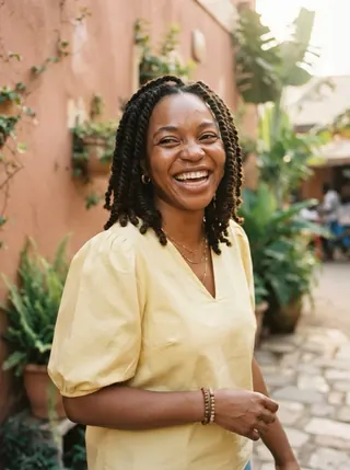 A woman in a yellow blouse smiling in a leafy courtyard